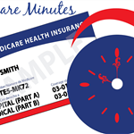 Medicare Minutes artwork Medicare card and clock graphic in red white and blue