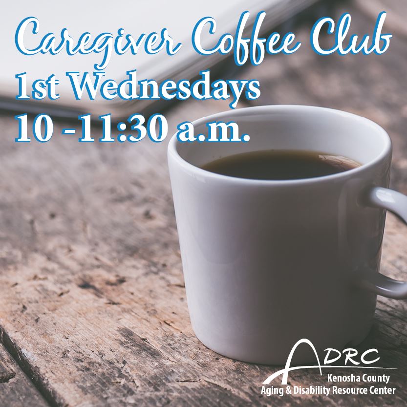 Caregiver Coffee Club 1st Wednesdays 10 - 11:30 am, cup of coffee and wooden board and pad of paper