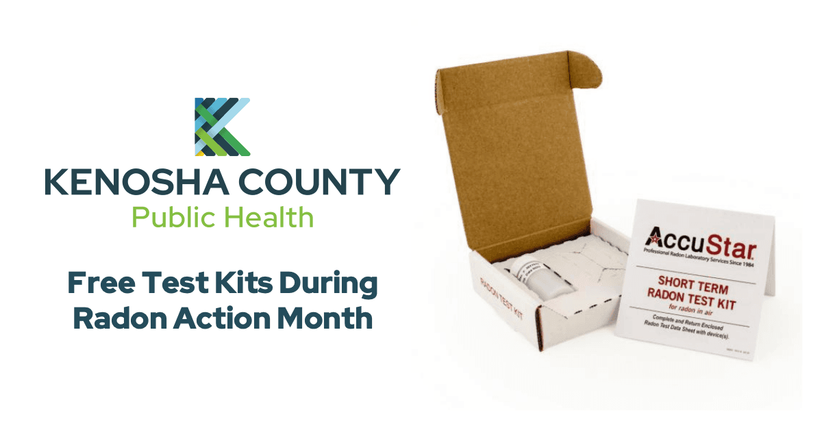 Kenosha County Public Health logo and photo of radon test kit