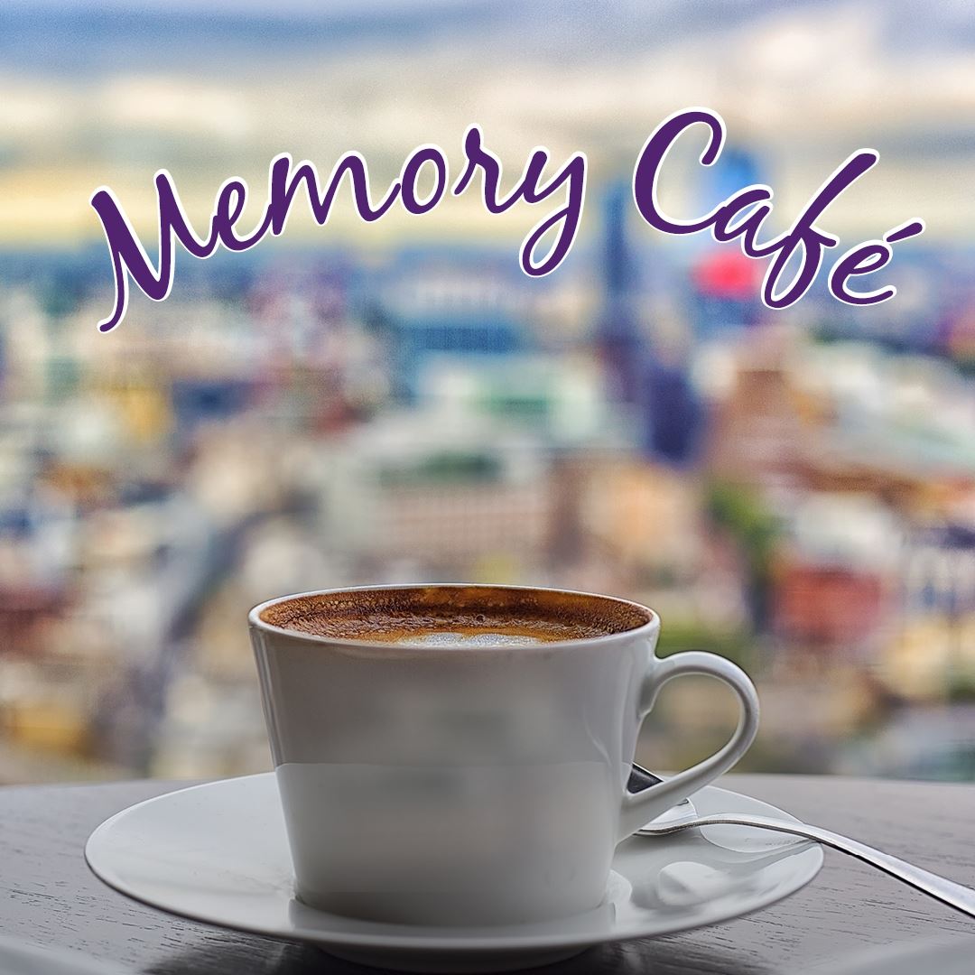 Memory Café graphic of a cup of coffee/tea looking over a colorful city landscape