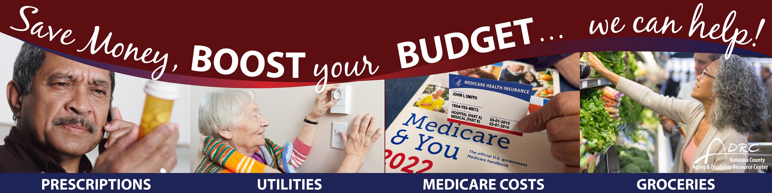 Boost Your Budget artwork.  Help with utilities, groceries, Medicare coverage, prescriptions