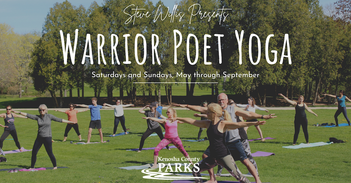 Warrior Poet Yoga logo over photo of people doing yoga