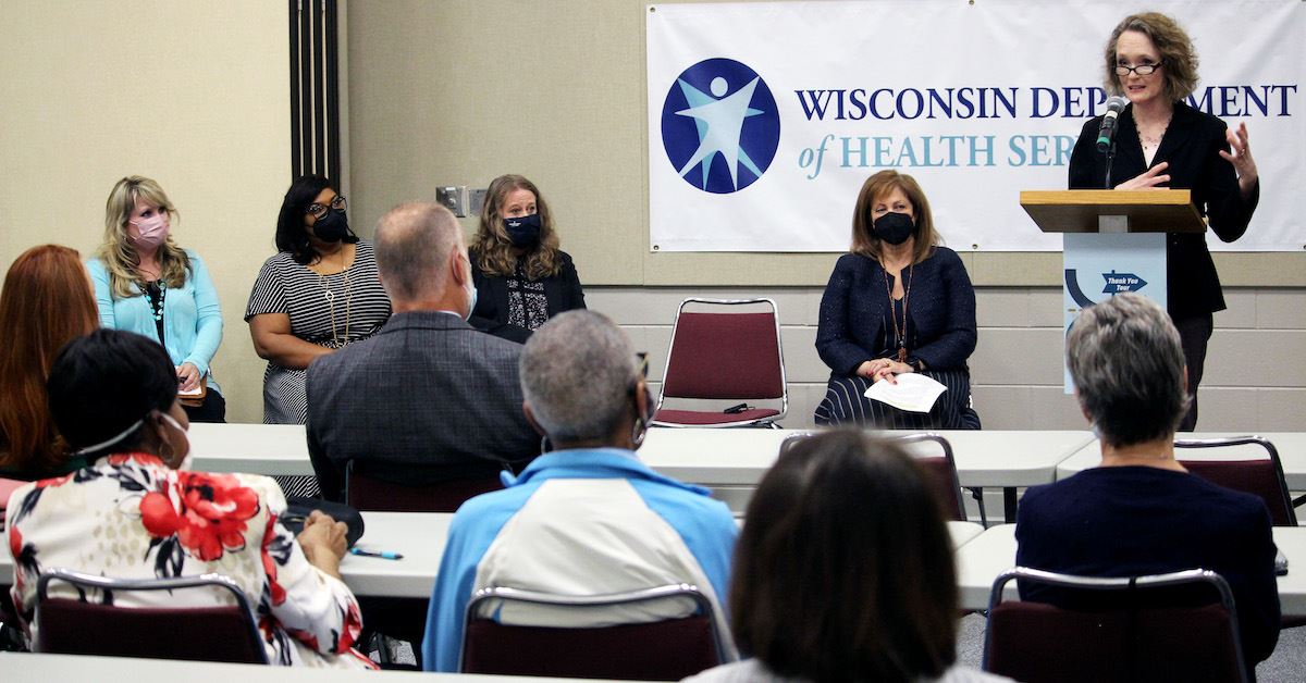 Wisconsin DHS Secretary-designee Karen Timberlake speaks during a visit to Kenosha County