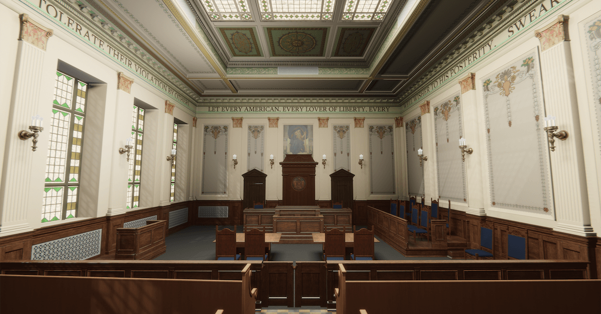 Computer-generated view of the Ceremonial Courtroom post-restoration