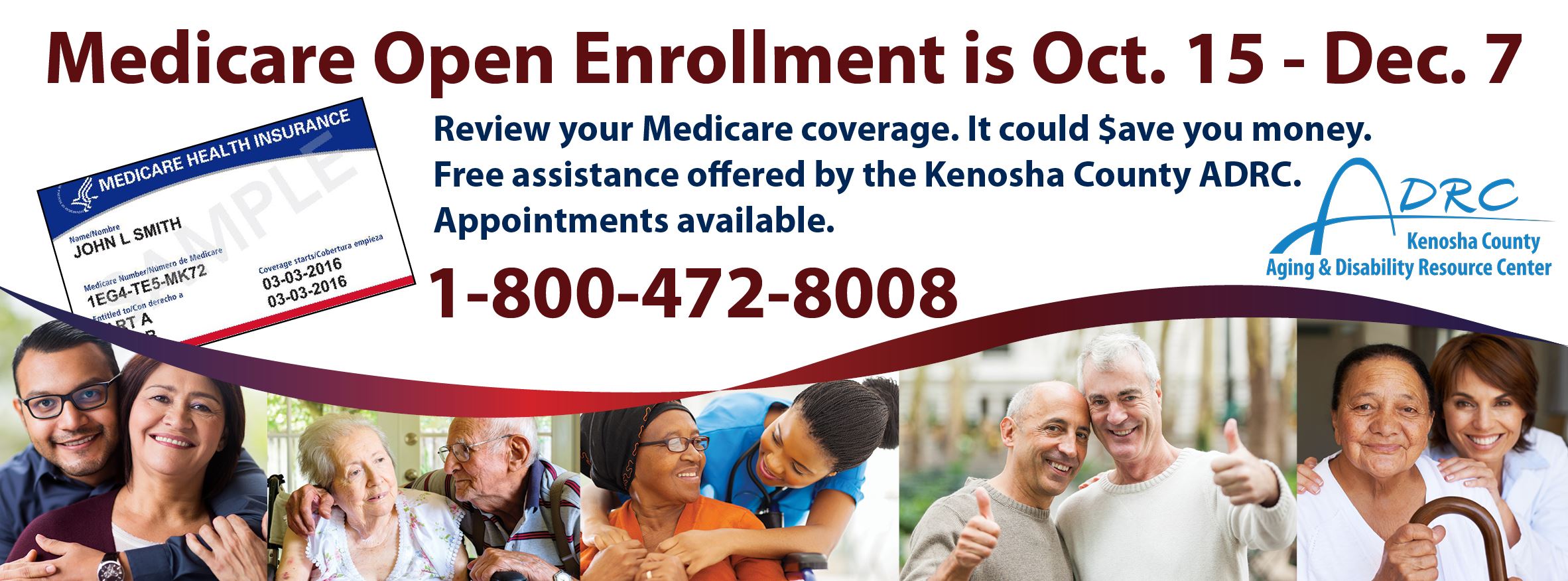 Medicare Open Enrollment is Oct 15-Dec 7. Artwork in deep red, navy. 